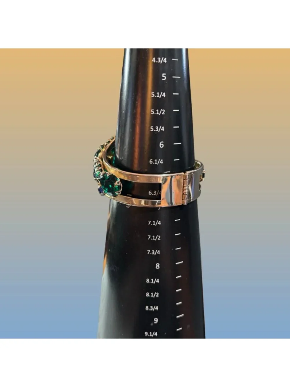 Gold Tone Hinged Bangle Green Blue Rhinestone Art Deco Statement Bracelet Vintag